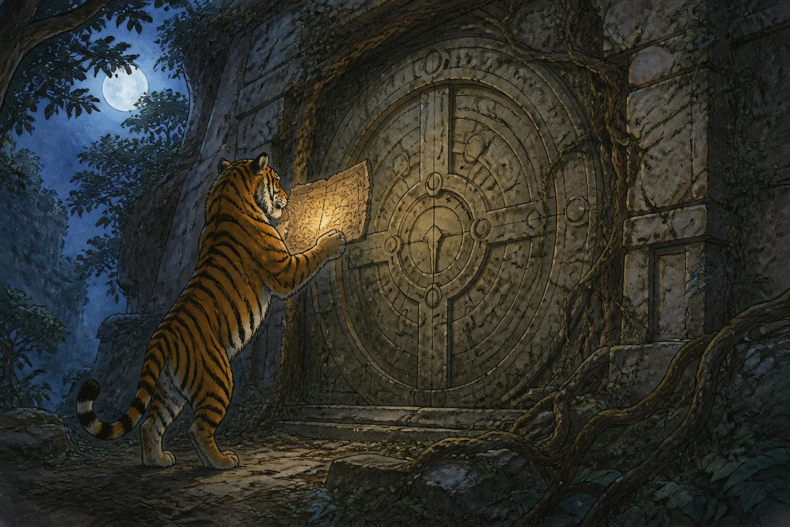 The tiger holding a glowing broken map fragment up to a huge round stone door