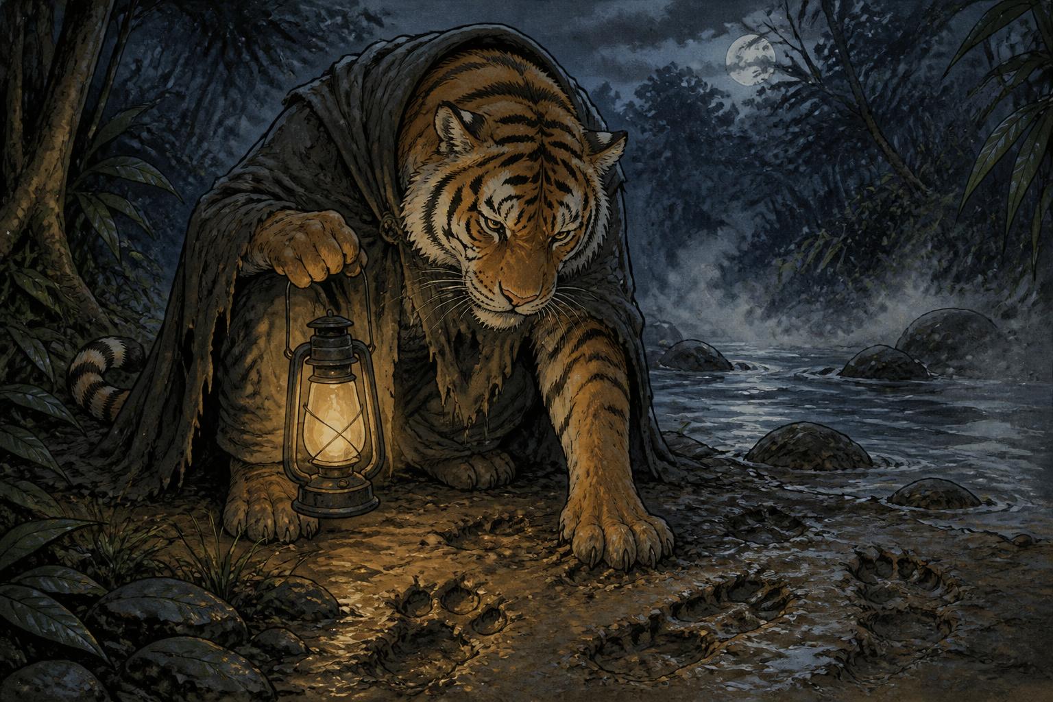 The tiger kneeling by unfamiliar tracks at a moonlit river crossing